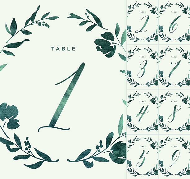 illustrations, cliparts, dessins animés et icônes de numéros de table de mariage à l’aquarelle verte - floral centerpiece