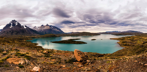 Panoramic view over the lake  Nordenskjord, Chile, Torres del Paine national park