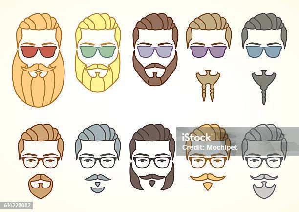 Set Of Hipster Face With Mustaches And Beards Stock Illustration - Download Image Now - Abstract, Adult, Art
