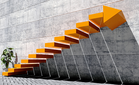 Steps to move forward to next level, success concept, orange staircase with arrow sign and concrete wall in exterior scene, 3D rendering