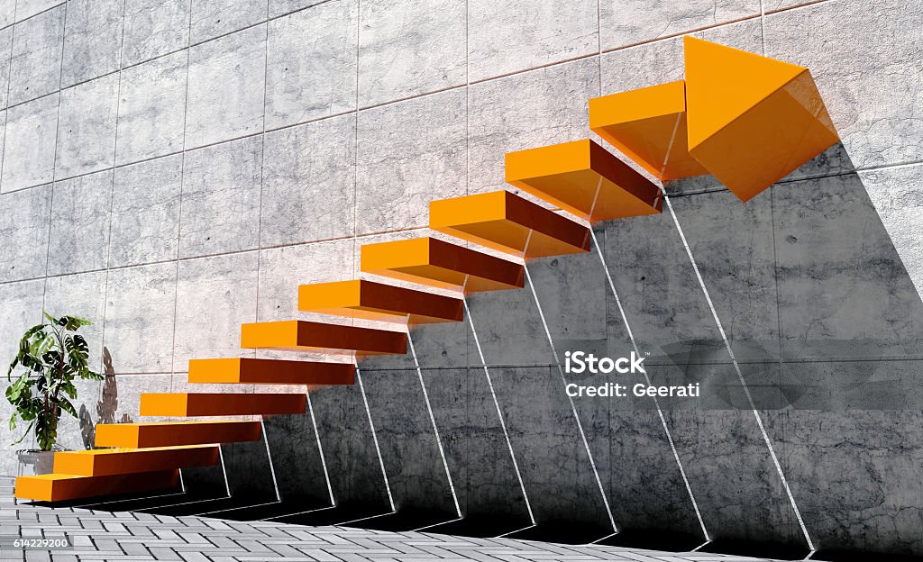 Steps to move forward to next level, success concept Steps to move forward to next level, success concept, orange staircase with arrow sign and concrete wall in exterior scene, 3D rendering The Next Step Stock Photo