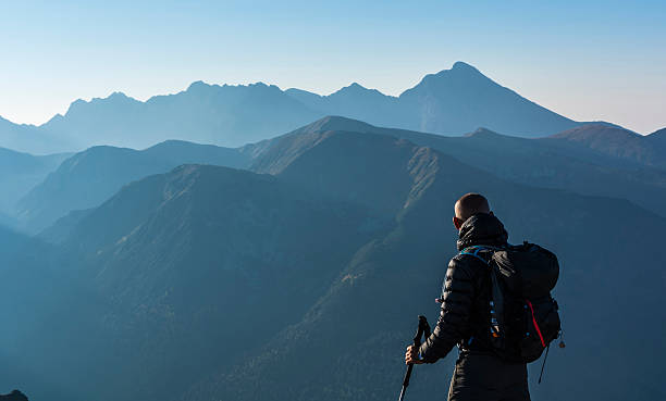 istock Hiker with backpack and trekking poles in the mountains. 614230200