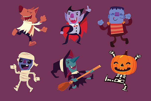 halloween-figuren tanzen in der party - charakterkopf stock-grafiken, -clipart, -cartoons und -symbole