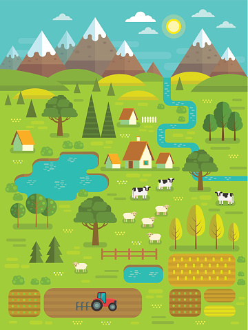 Vector collection of landscape and farming design elements, including mountains, trees, river, lakes, houses, cows and sheep grazing on the meadows, tractor working on the field.