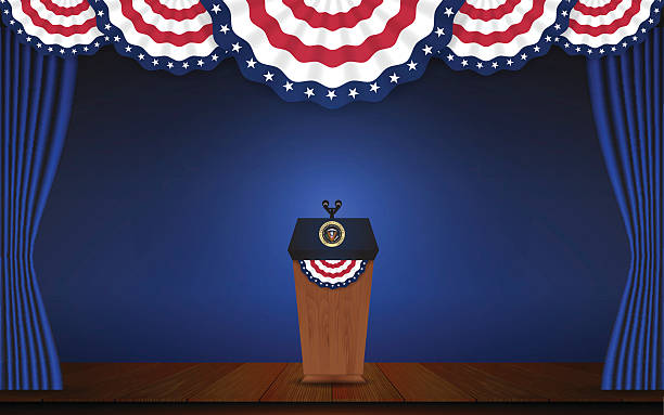 ilustrações de stock, clip art, desenhos animados e ícones de usa president podium on stage with semi-circle decorative flag - presidential candidate illustrations