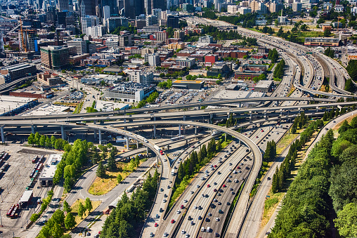 Aerial view of the I-5 freeway heading into downtown Seattle, Washington.