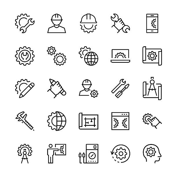 ilustrações de stock, clip art, desenhos animados e ícones de engineering and manufacturing icon set in thin line style. - technology engineering gear drawing
