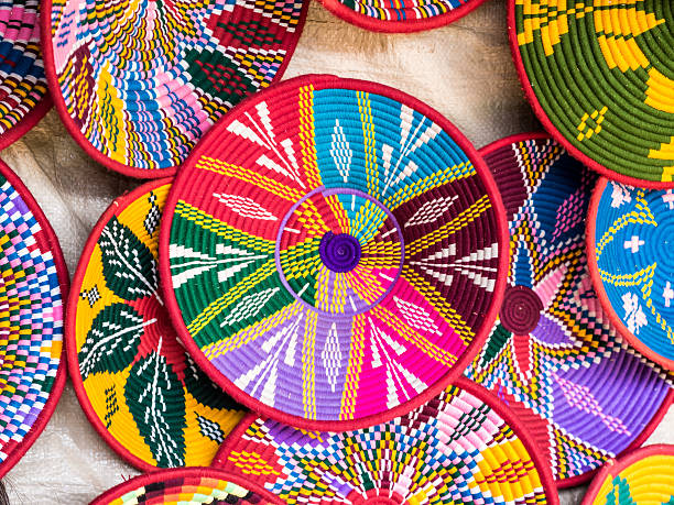 Traditional Ethiopian Habesha baskets Ethiopian Habesha baskets sold in Axum, Ethiopia. ethiopia photos stock pictures, royalty-free photos & images