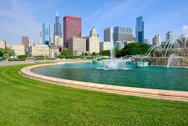 chicago skyline - grant park stok fotoğraflar ve resimler