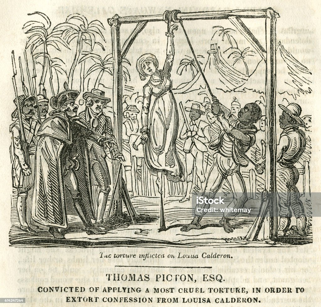 Thomas Picton, convicted of torture Thomas Picton (1758-1815) was a British army officer, known for his courage but feared for having a foul temper. He came to the attention of the public during his governorship of Trinidad and was put on trial for the torture in 1801 of a 14-year-old girl, Louisa (or Luisa) Calderon to extract a confession that she had assisted a man to burgle a house. The torture involved Calderon being trussed up and standing on one toe on a peg on two occasions. Pictonâ€™s conviction was later reversed because it complied with local laws. African-American Ethnicity stock illustration