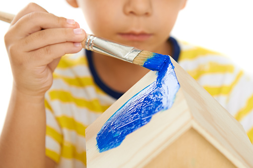 Child paints wooden birdhouse on a white background