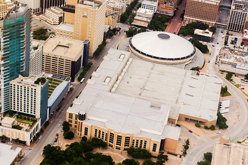 Fort Worth, TX, United States - May 17, 2016: Aerial view of Fort Worth Convention Center in downtown Fort Worth and surrounding buildings and city streets.