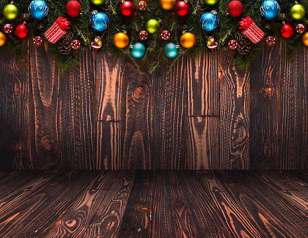 istock Merry Christmas Frame with real wood and colorful baubles 614249960