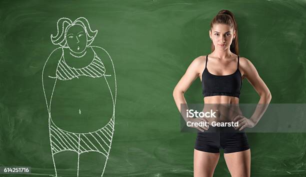 Sporty Girl With Slim Body And Picture Of Fat Woman Stock Photo - Download Image Now