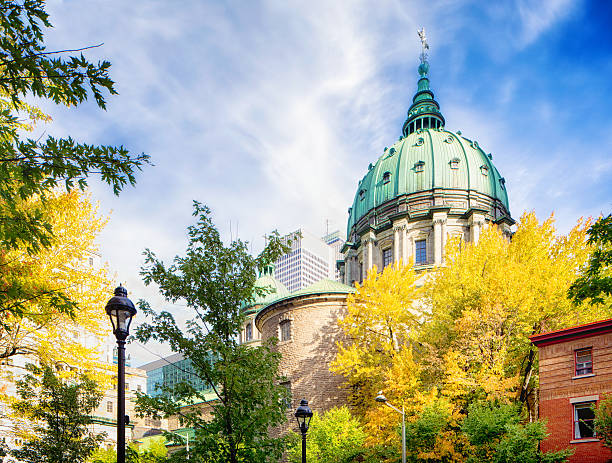 Montreal Marie-reine-du-monde cathedral dome with Autumn trees Side view of Montreal Marie queen of the world cathedral's dome with Autumn trees. mary queen of the world cathedral stock pictures, royalty-free photos & images