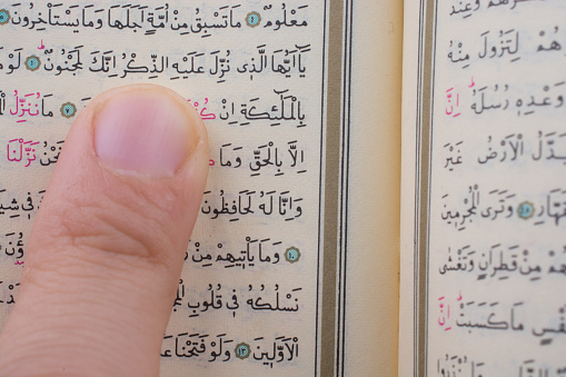 Hand holding The Holy Quran on a white background