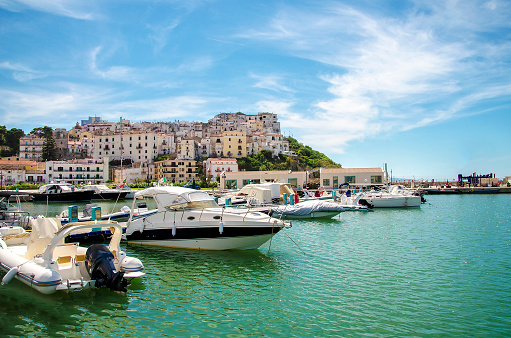 boats harbor typical Italian seaside village Rodi Garganico Gargano Apulia Italy colorful