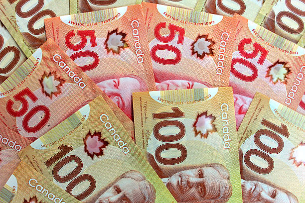 dólares canadenses - fifty dollar bill number 50 currency close up - fotografias e filmes do acervo