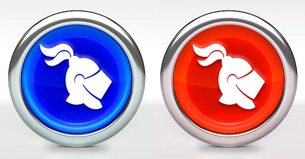 Knight Helmet Icon on Button with Metallic Rim. The icon comes in two versions blue and red and has a shiny metallic rim. The buttons have a slight shadow and are on a white background. The modern look of the buttons is very clean and will work perfectly for websites and mobile aps.