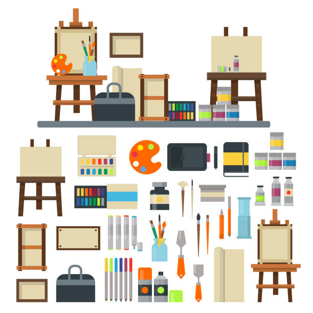 ilustraciones, imágenes clip art, dibujos animados e iconos de stock de conjunto vectorial de iconos de artista. - wallpaper brush illustrations