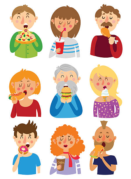 People eat fast food Set of colorful cartoon diffrent people . People eat fast food tomato face stock illustrations