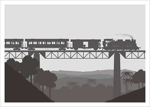 다리를 건너는 증기 기관차, 실루엣 스타일 - train steam train vector silhouette stock illustrations