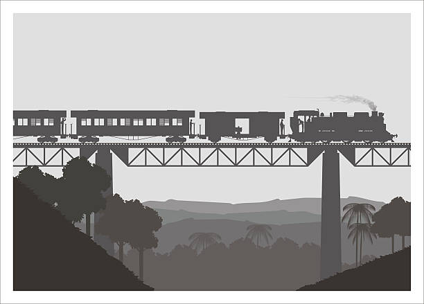 паровоз, пересекающий мост, стиль силуэта - train steam train vector silhouette stock illustrations