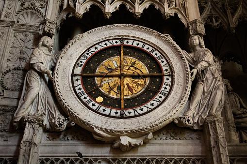 A wheel showing the astrological symbols in the sculptures at Chartres cathedral. There are roman numerals, and markings for the sun and stars.