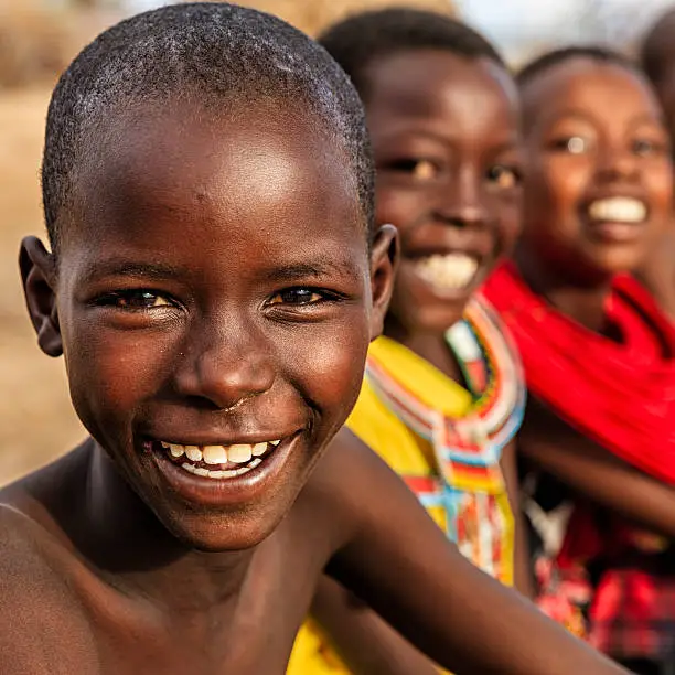 Group of happy African children from Samburu tribe, Kenya, Africa. Samburu tribe is north-central Kenya, and they are related to  the Maasai.