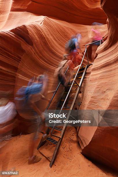 Antelope Canyon With People Climbing Ladder Stock Photo - Download Image Now - Antelope Canyon, People, Arizona