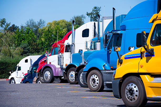 istock Truck stop with semi trucks various models standing in row 614323492