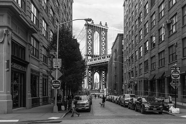 vista para manhattan e a ponte do brooklyn, em nova york. - new york city black and white city looking at view - fotografias e filmes do acervo