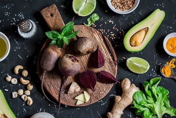 istock Ingredients for cooking beet and avocado detox salad. 614324992