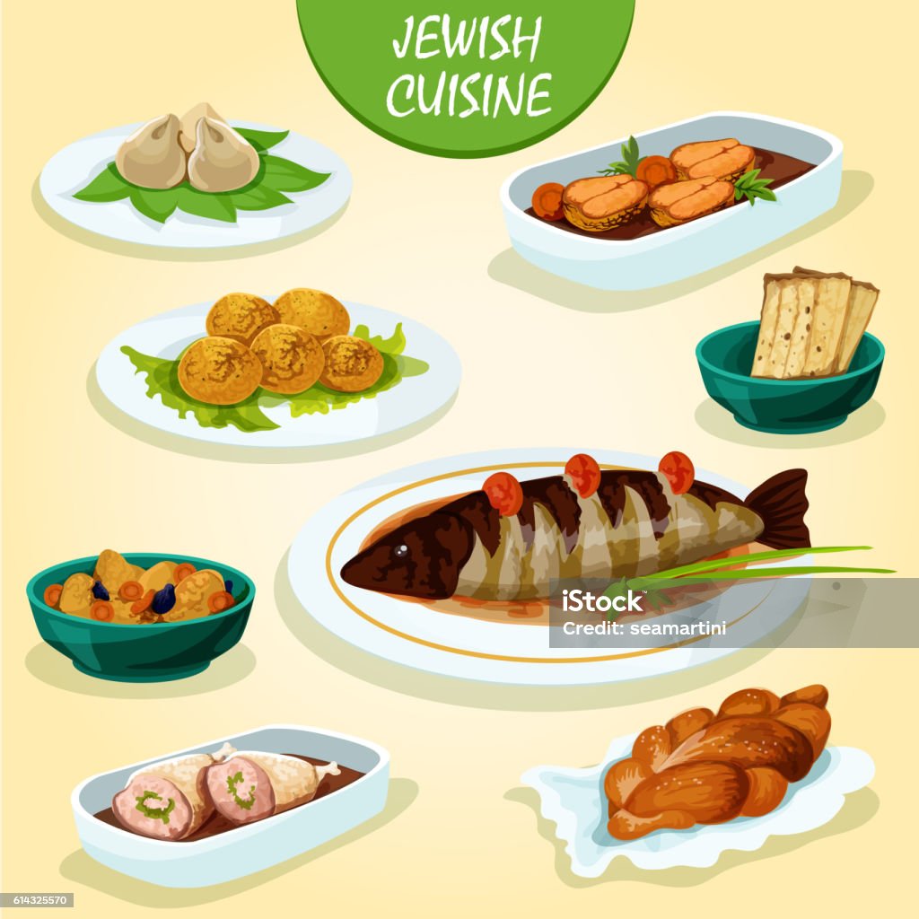 축제 저녁 식사 메뉴와 유대인 요리 아이콘 개체 그룹에 대한 스톡 벡터 아트 및 기타 이미지 - 개체 그룹, 고기, 과일 - Istock