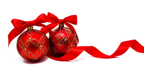 istock Perfect red christmas balsl with ribbon isolated 614326700