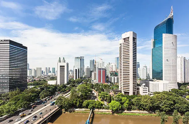 The business disrict of Jakarta along Jalan Sudirman, one of the city main avenue, is line with many banks HQ and other office towers. Jakarta is Indonesia capital city.