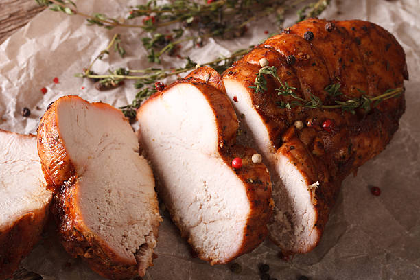 istock sliced roasted turkey fillet close up on paper. horizontal 614327092