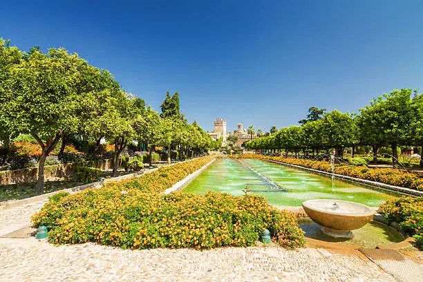Fountain and gardens of Alcazar de los Reyes Cristianos, Cordoba, Andalusia province, Spain