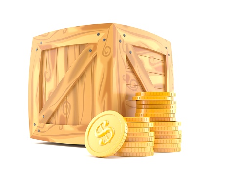 3d render treasure chest with coins on pink background. Isolated concept gold box with currency and security lock. Low poly. illustration.