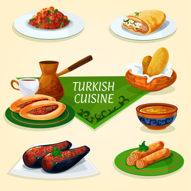 Turkish cuisine dinner with dessert, coffee icon Turkish cuisine dinner with dessert and coffee symbol of stuffed eggplant, vegetable meat pie pide, turkish coffee, bread, fried feta rolls, bean stew, lentil soup, phyllo pastry with chees filo pastry stock illustrations