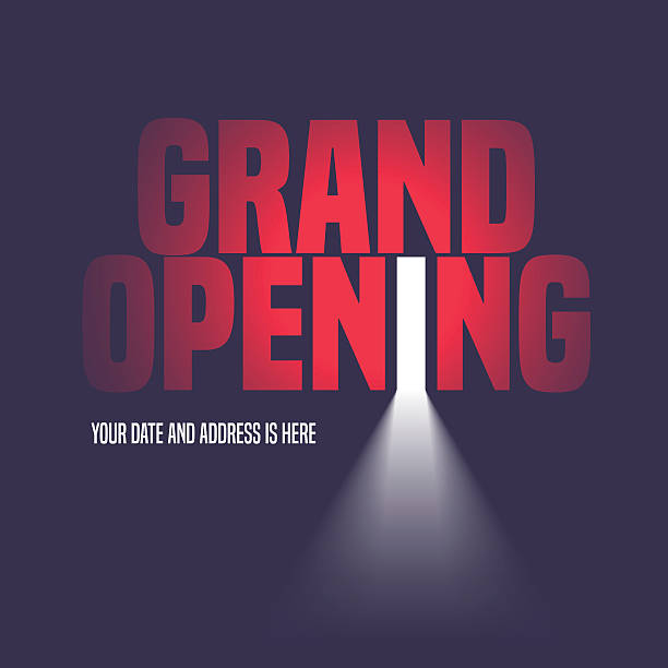 Grand opening vector illustration, background with open door Grand opening vector illustration, background with open door, light and lettering sign. Template banner, flyer, design element, decoration for opening event Opening stock illustrations