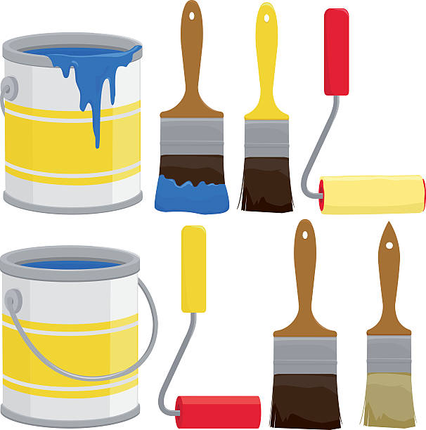 Paint cans, brushes and rollers Paint cans, brushes, buckets and rollers. Vector illustration paint bucket and brush stock illustrations