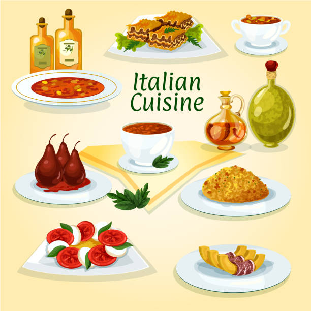 ilustrações, clipart, desenhos animados e ícones de ícone de pratos populares da culinária italiana - mozzarella salad caprese salad olive oil