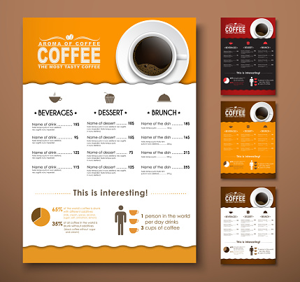 Design a menu for the cafe, a restaurant, coffee shop. Templates with a cup, a top view of different colors. Vector illustration. Set