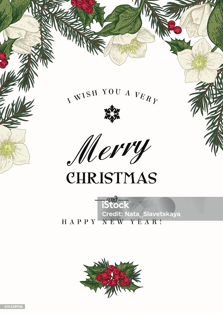 Vintage Christmas greeting card. Vintage Christmas greeting card with branches of spruce, holly and flowers hellebore. Vector illustration. Christmas stock vector