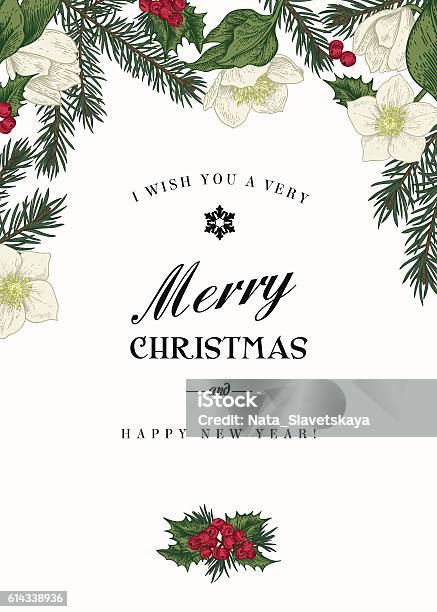 Vintage Christmas Greeting Card Stock Illustration - Download Image Now - Christmas, Invitation, Holly