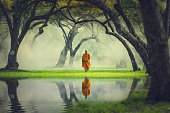 Monk hike in deep forest reflection with lake, Buddha Religion