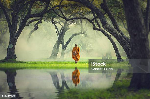 Monk Hike In Deep Forest Reflection With Lake Buddha Religion Stock Photo - Download Image Now