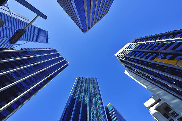 Low angle view of skyscrapers into the sky stock photo