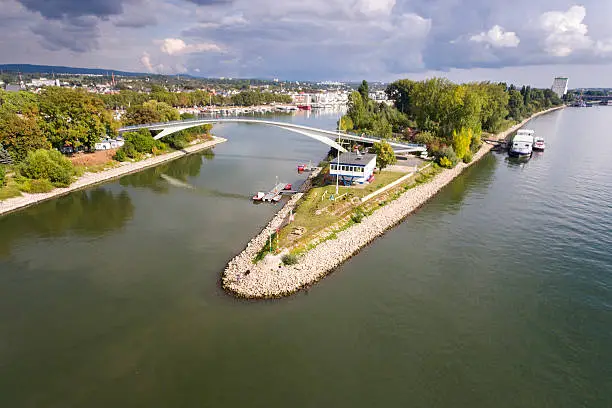River Rhine Wiesbaden Schierstein harbor - aerial view